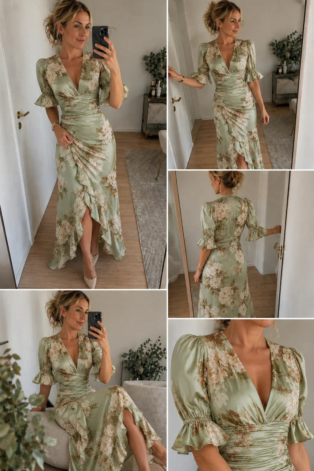 Lucía | Robe satinée asymétrique longue à motif floral