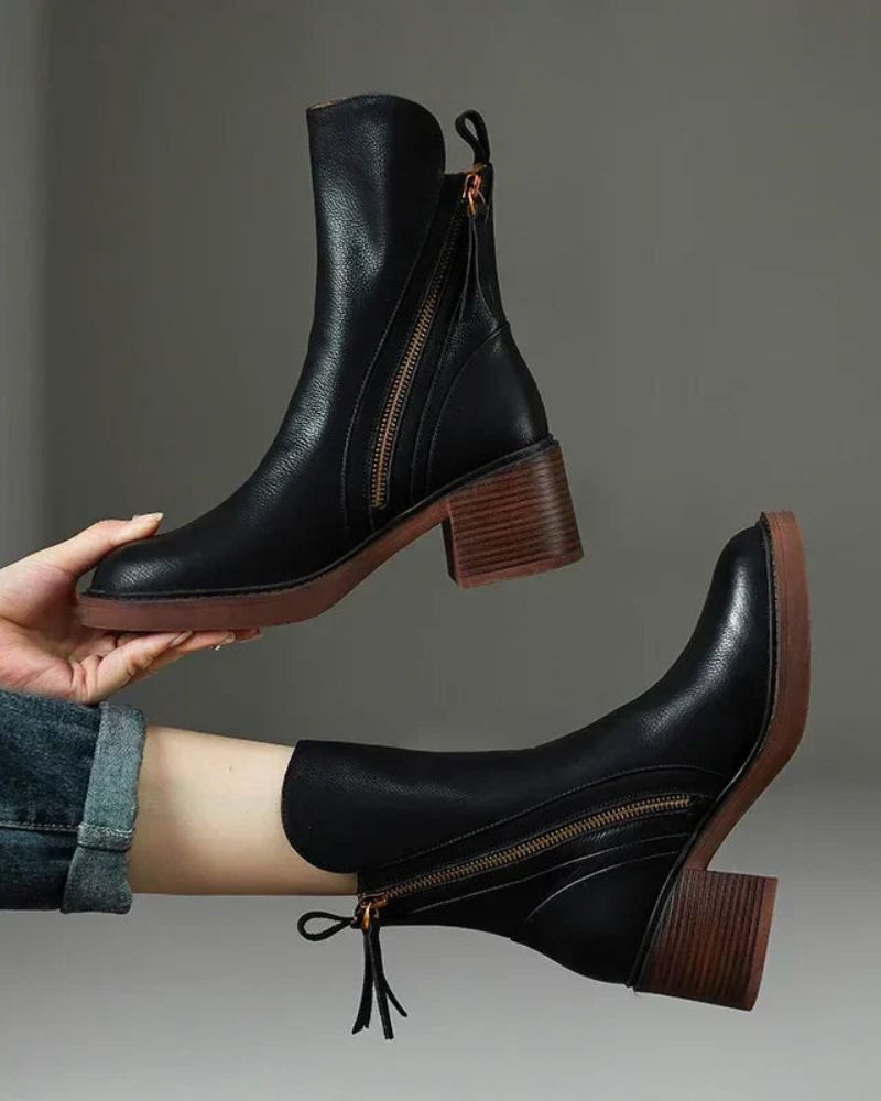 Céleste - Botte en cuir noire avec un talon confortable, élégante et intemporelle