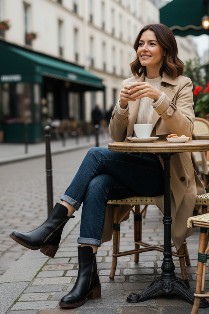 Céleste - Botte en cuir noire avec un talon confortable, élégante et intemporelle
