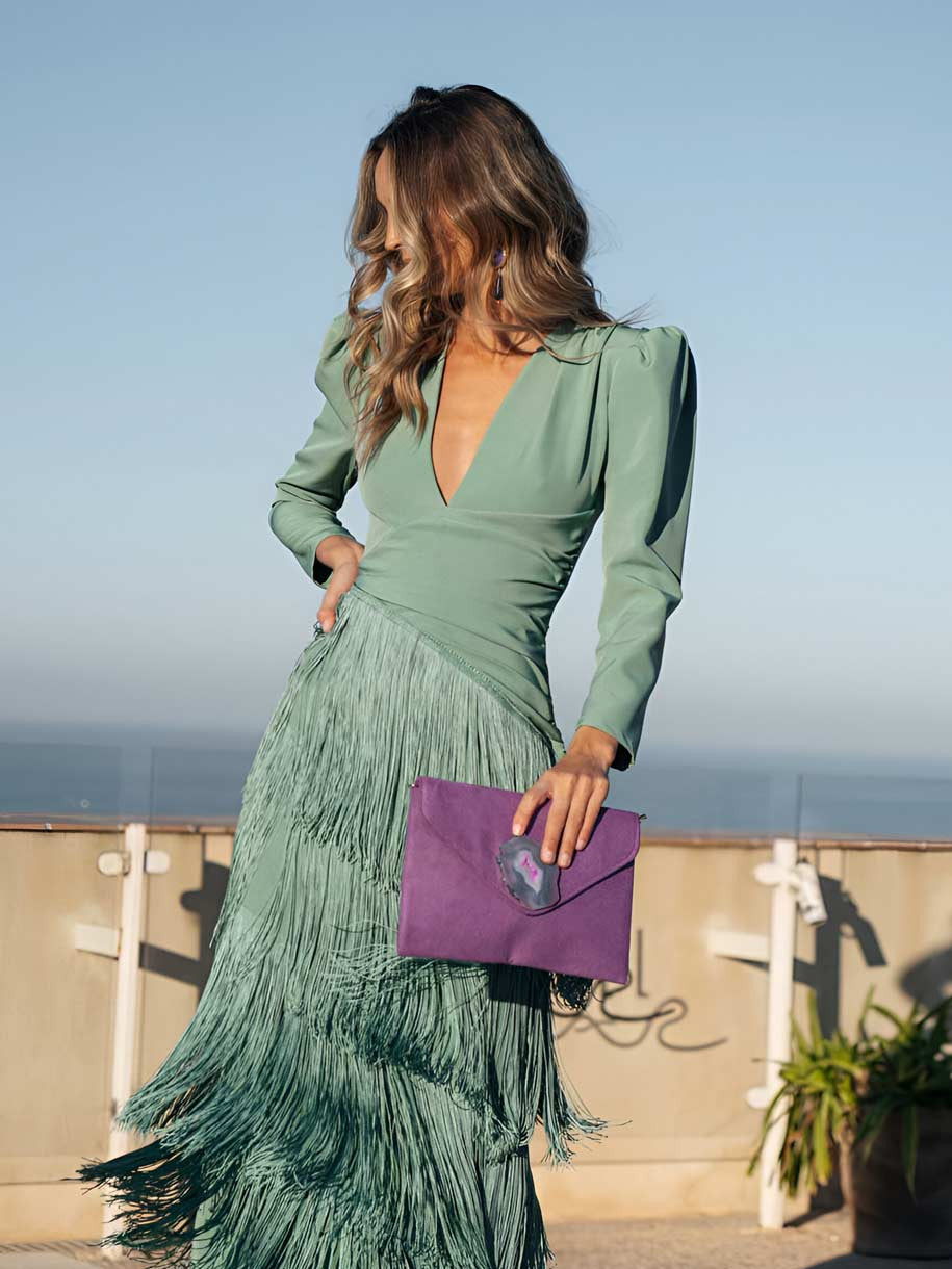 Frida | Robe midi à franges en vert sauge
