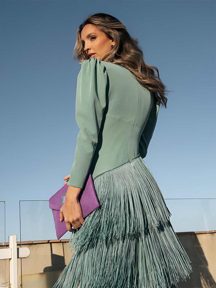 Frida | Robe midi à franges en vert sauge