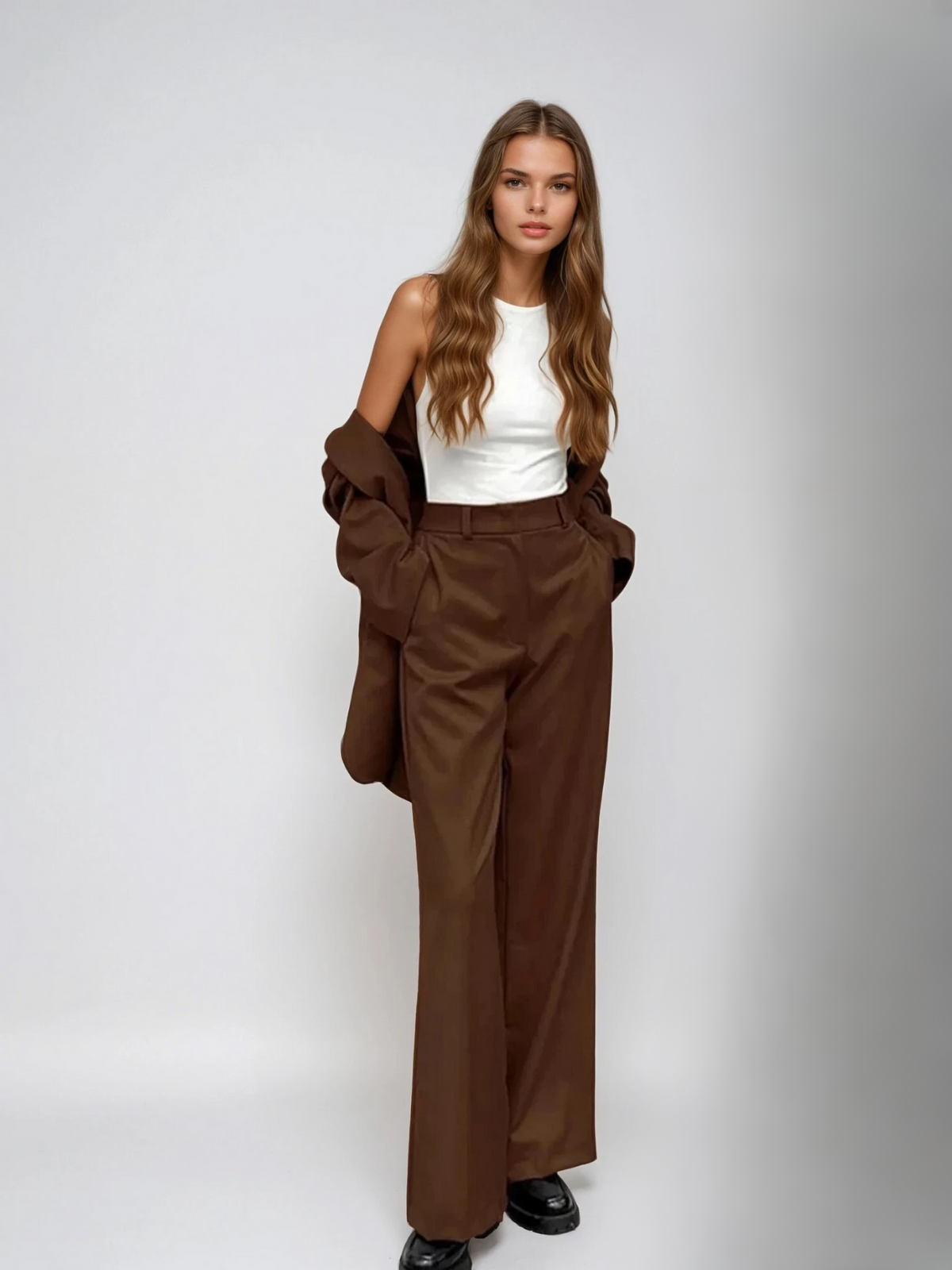 Compleu vintage mocha cu sacou și pantaloni cu picioare largi