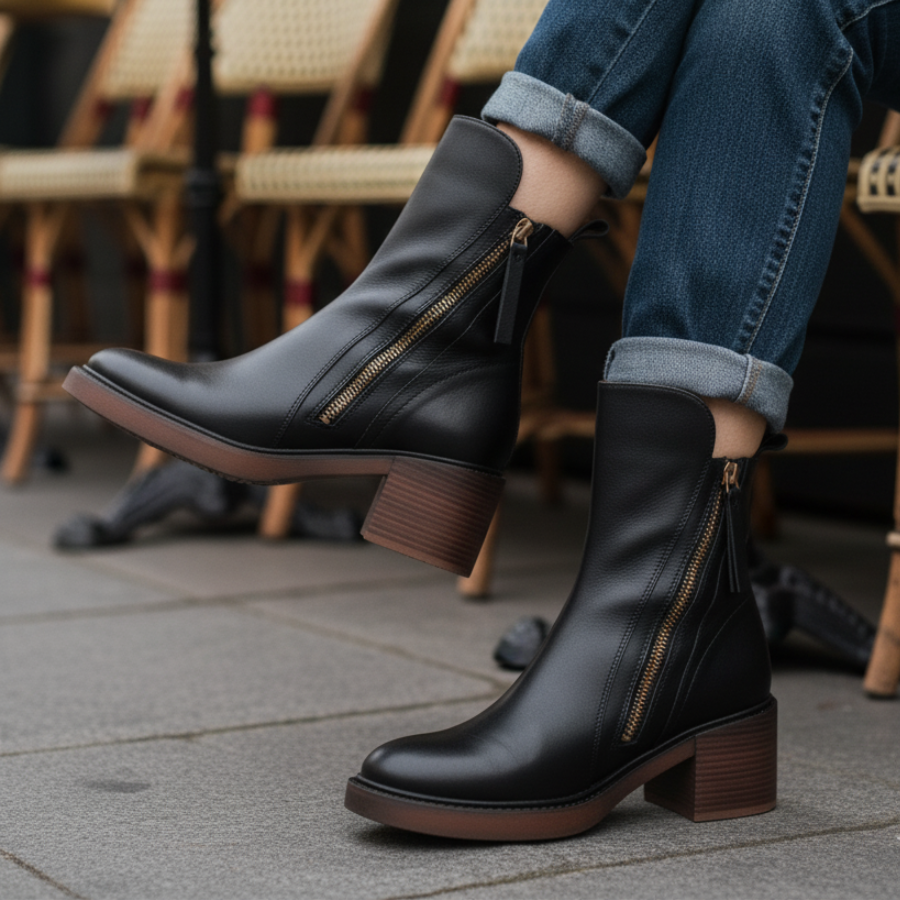 Céleste - Botte en cuir noire avec un talon confortable, élégante et intemporelle
