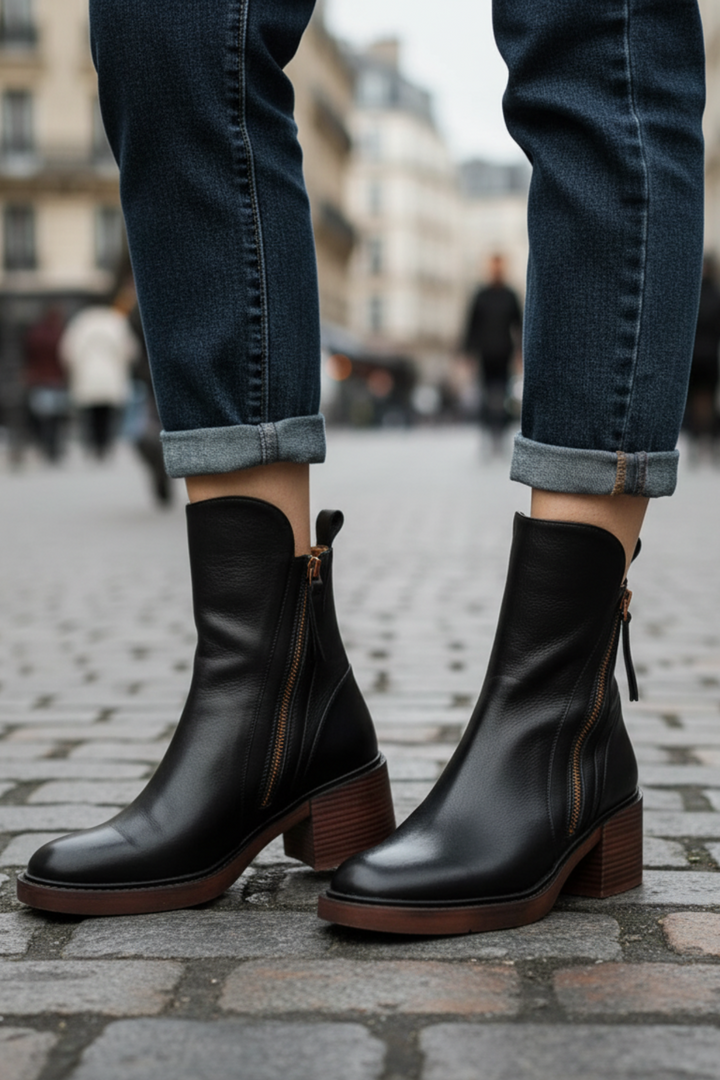 Céleste - Botte en cuir noire avec un talon confortable, élégante et intemporelle
