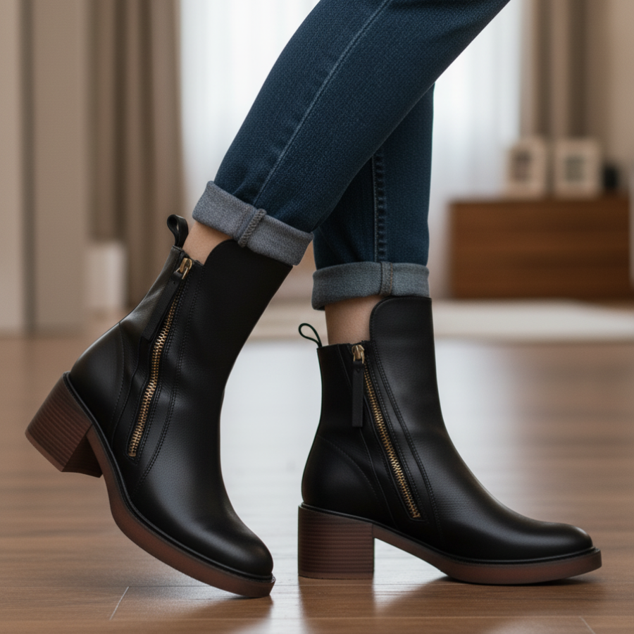 Céleste - Botte en cuir noire avec un talon confortable, élégante et intemporelle