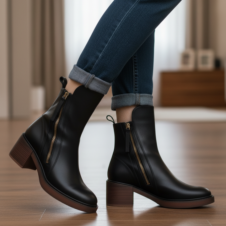 Céleste - Botte en cuir noire avec un talon confortable, élégante et intemporelle