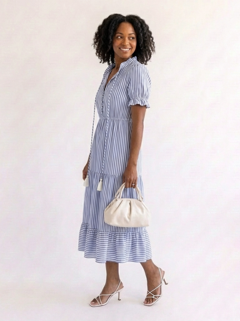 Dakota | Rochie midi cu mâneci scurte, cu dungi și straturi