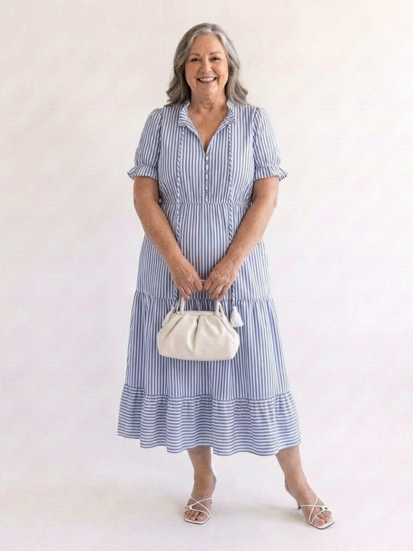 Dakota | Rochie midi cu mâneci scurte, cu dungi și straturi