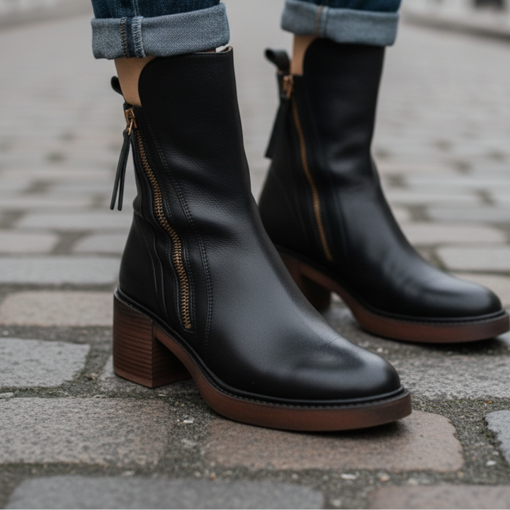 Céleste - Botte en cuir noire avec un talon confortable, élégante et intemporelle