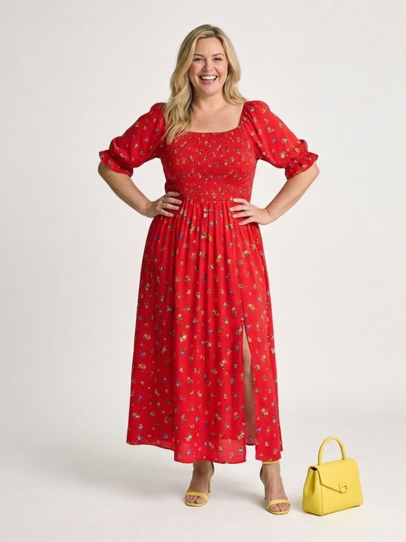 Delphine | Rochie midi cu decolteu pătrat și imprimeu floral