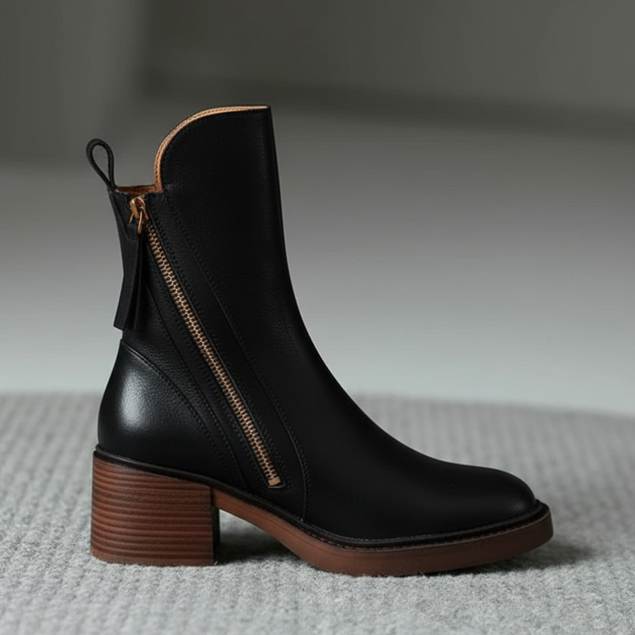 Céleste - Botte en cuir noire avec un talon confortable, élégante et intemporelle