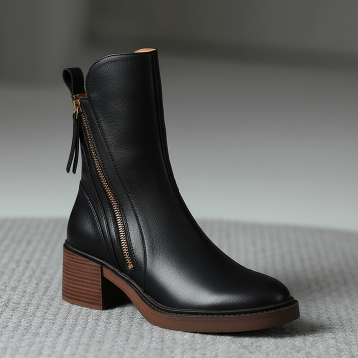 Céleste - Botte en cuir noire avec un talon confortable, élégante et intemporelle