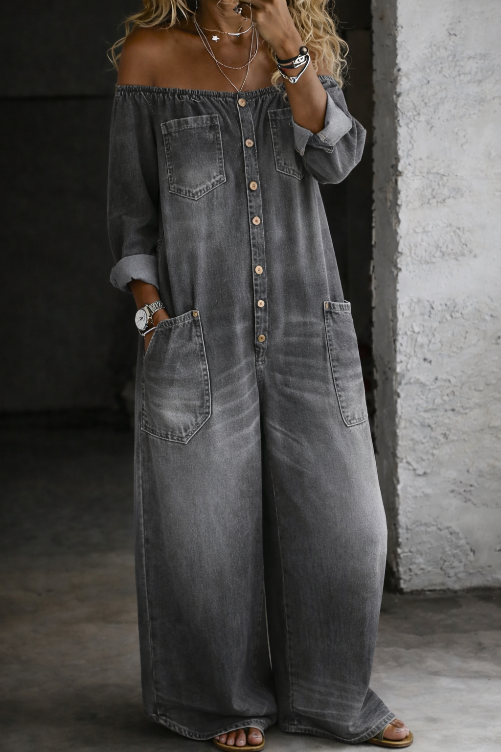Elena™ | Salopetă din denim cu umeri expuși