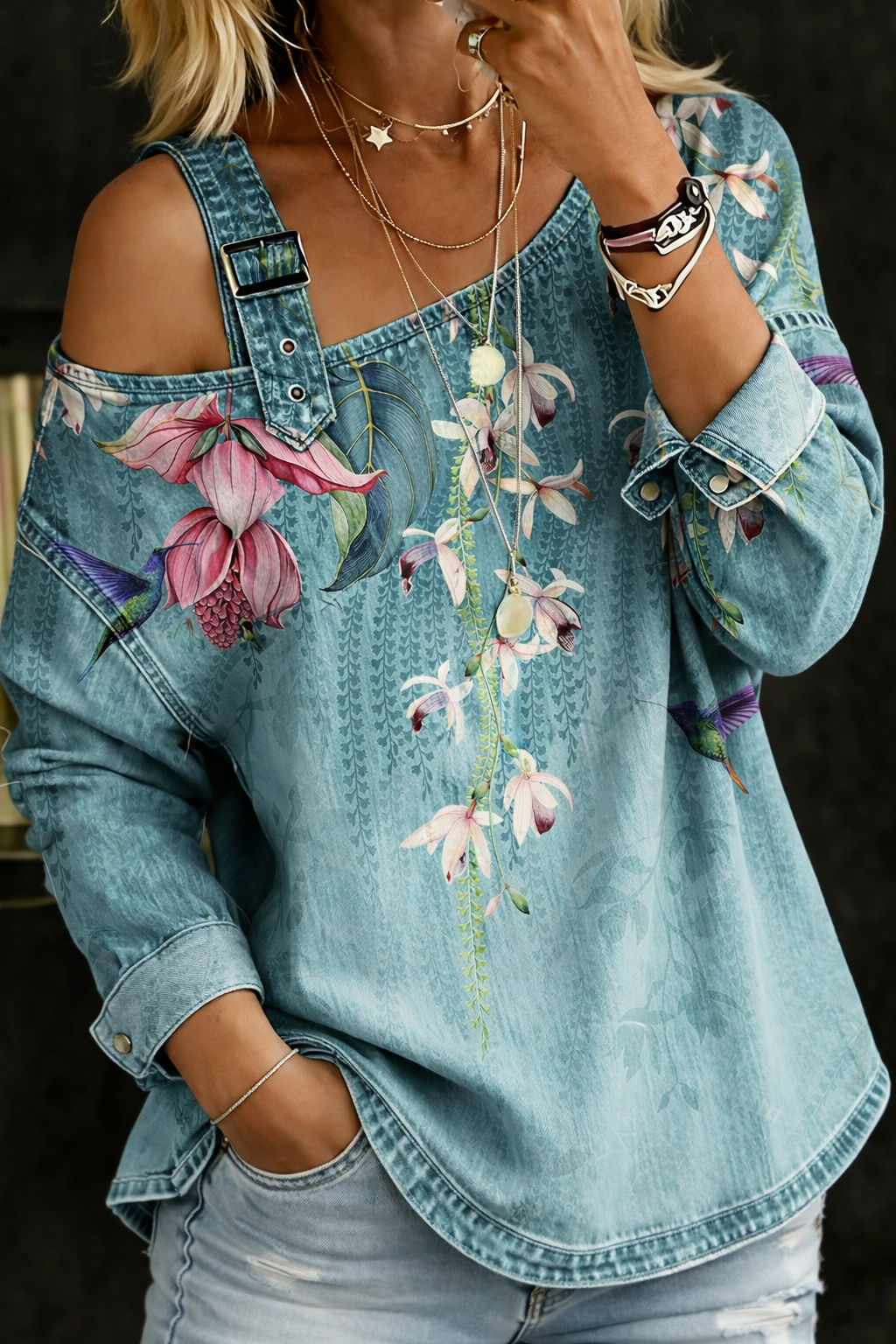 Danielle™ | Bluză din denim cu umeri descoperiți