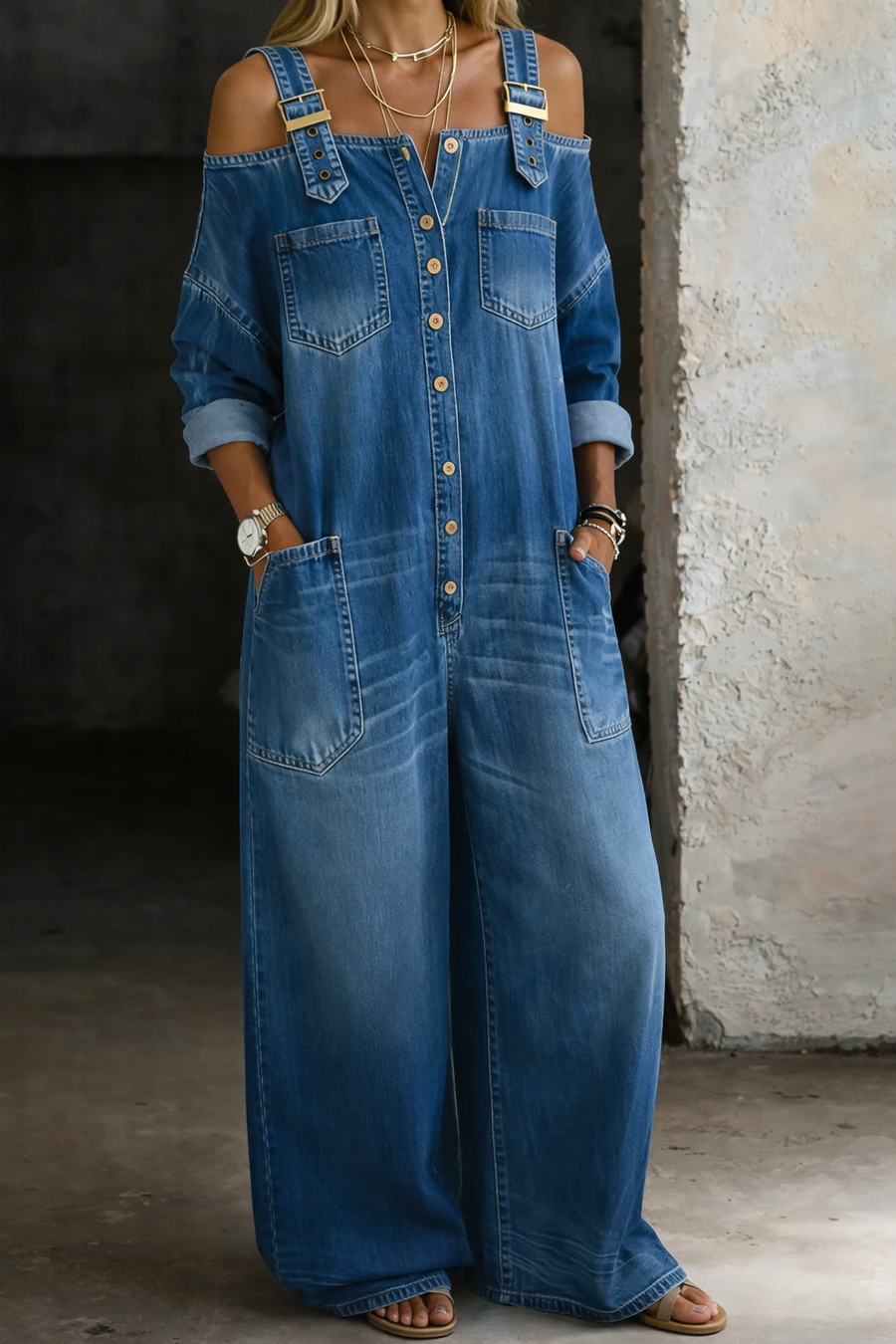 Sofia™ | Salopetă din denim cu umeri expuși