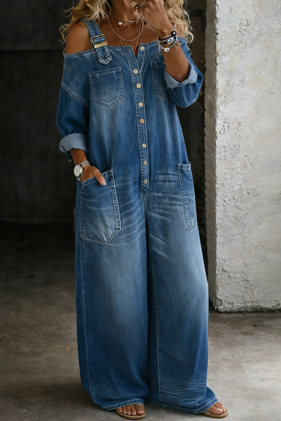 Stephanie™ | Salopetă din denim cu umeri expuși