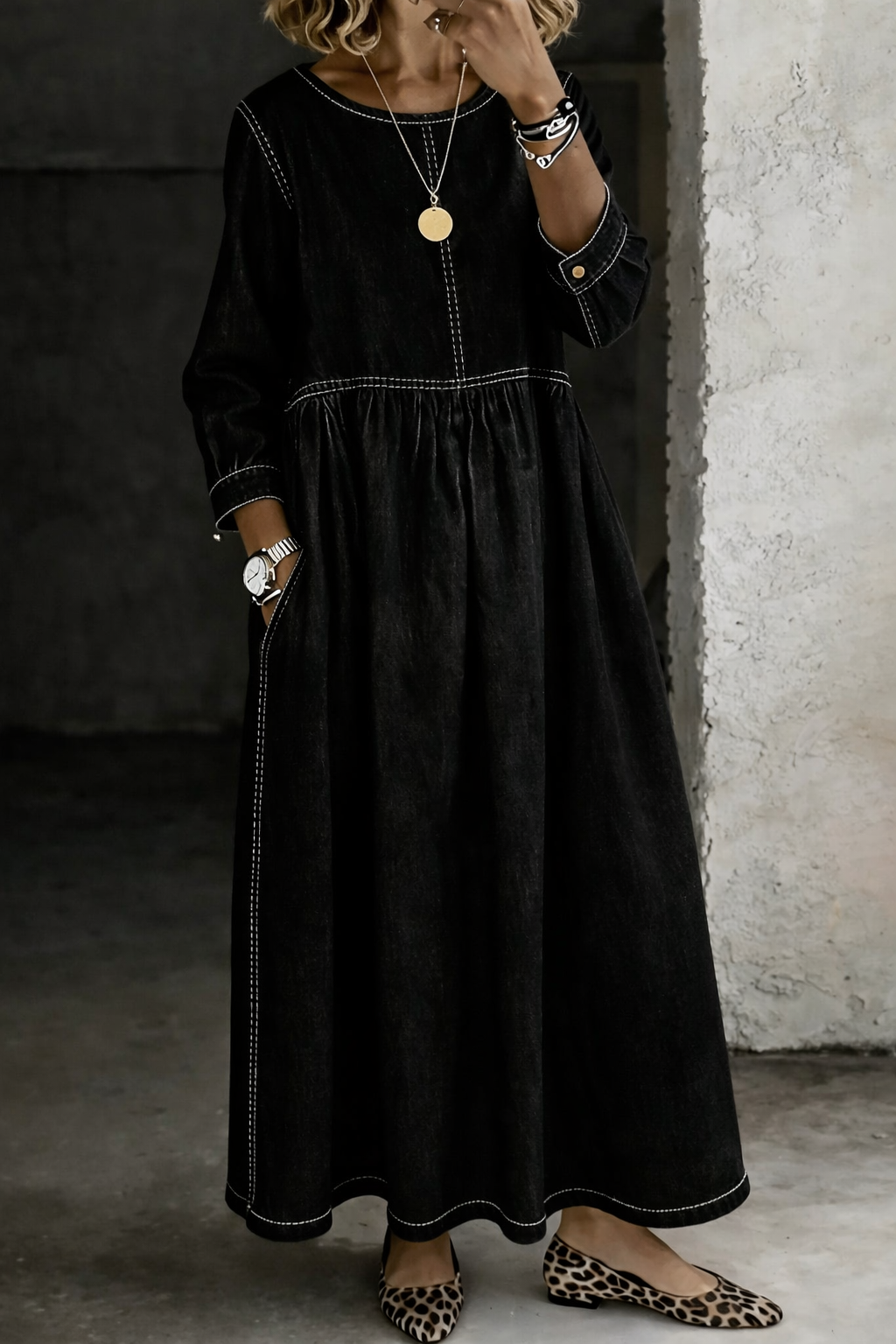 Melissa | Robe en Denim à Col Ronde et Manches Longues