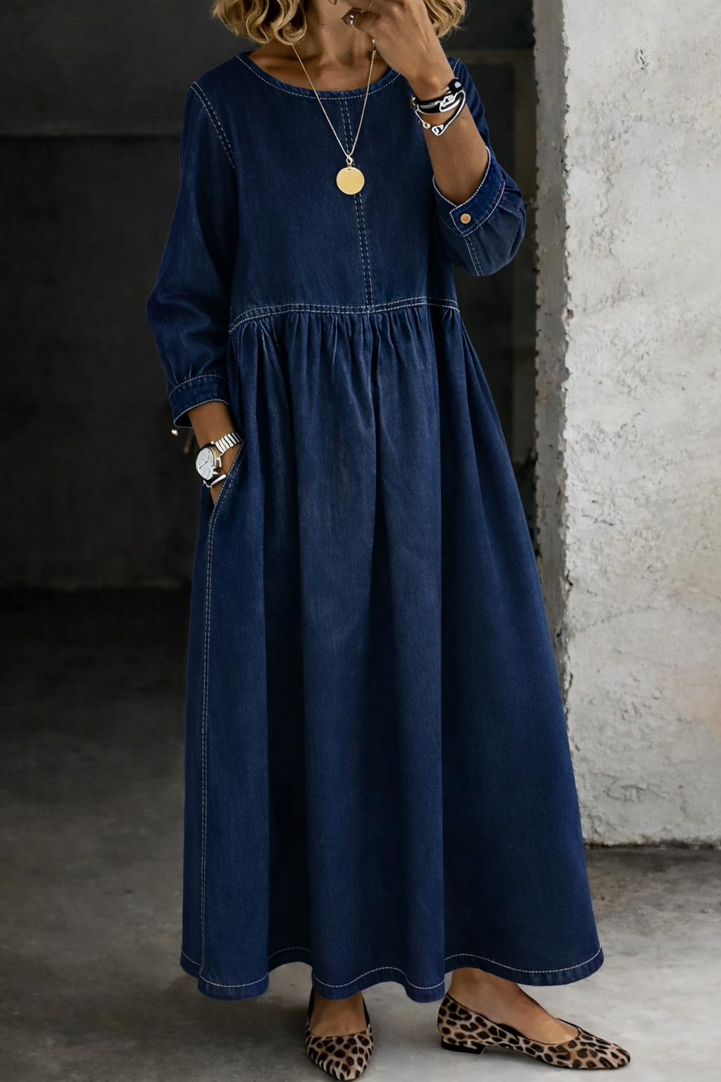 Melissa | Robe en Denim à Col Ronde et Manches Longues