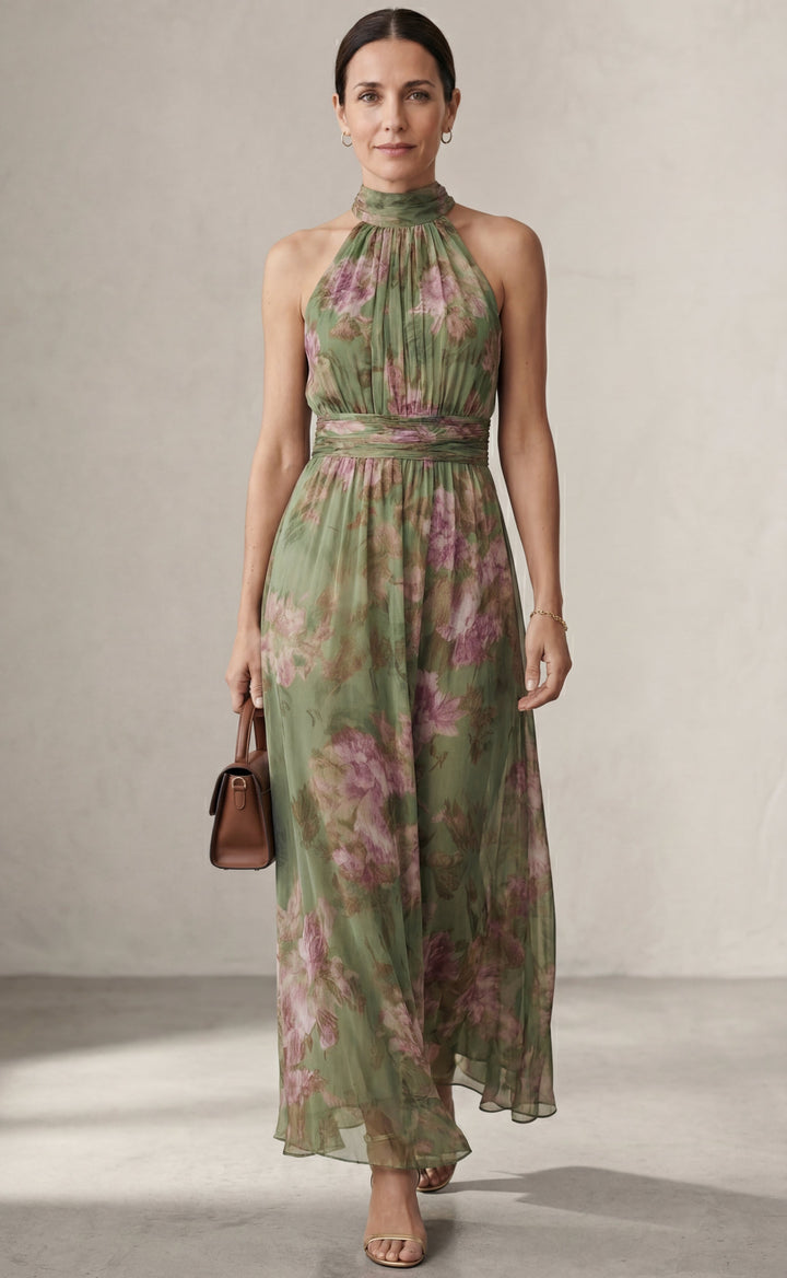 Livia™ | Élégante Robe Maxi Halter à Motif Floral