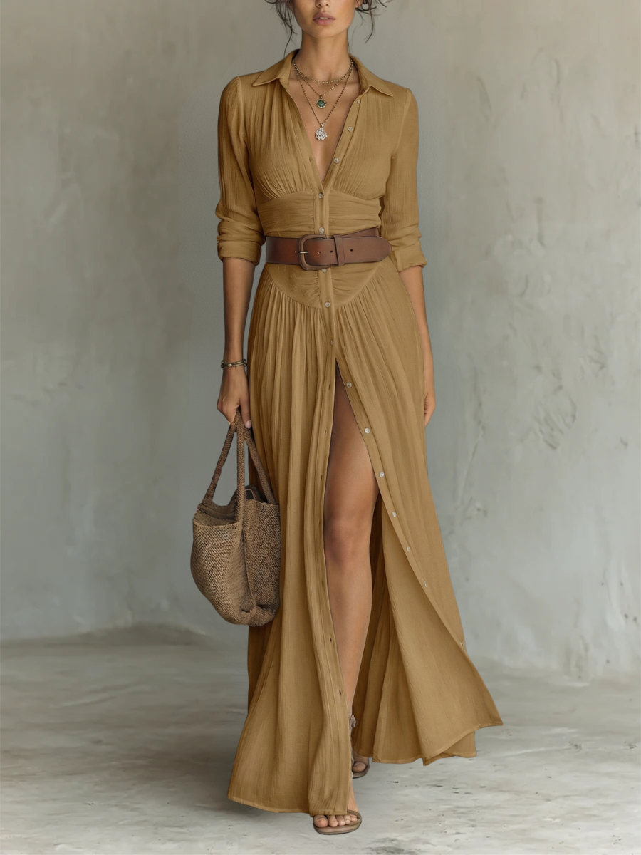 Alma | Robe maxi fluide à col revers et manches longues