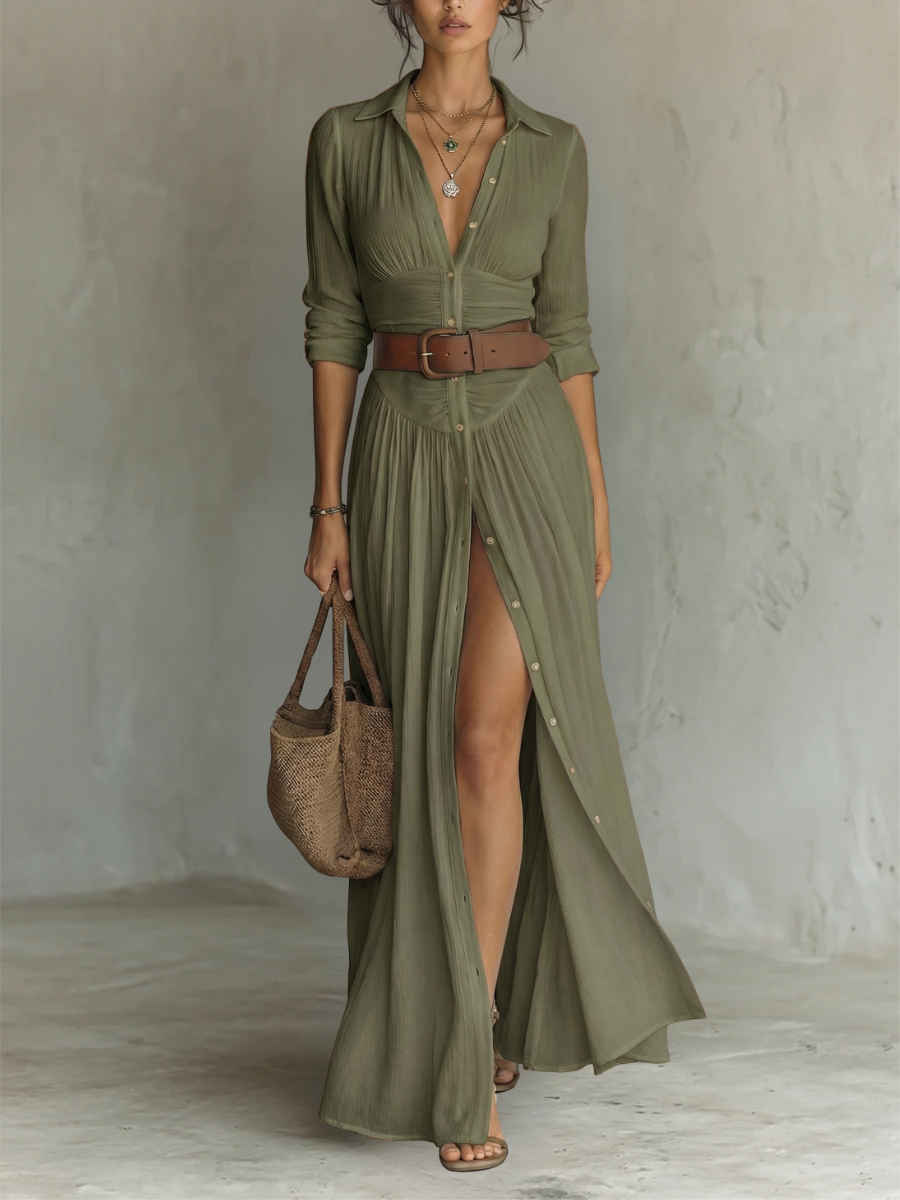 Alma | Robe maxi fluide à col revers et manches longues