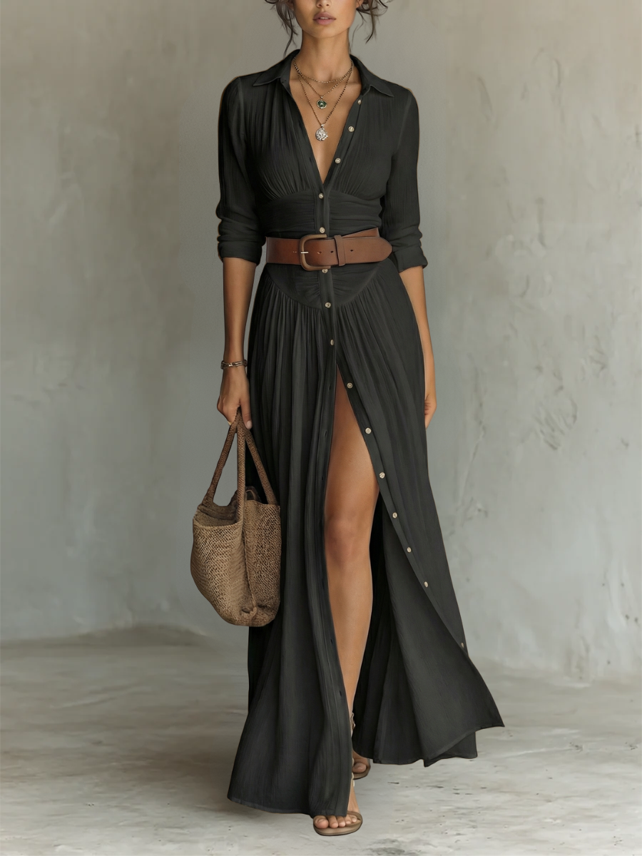 Alma | Robe maxi fluide à col revers et manches longues