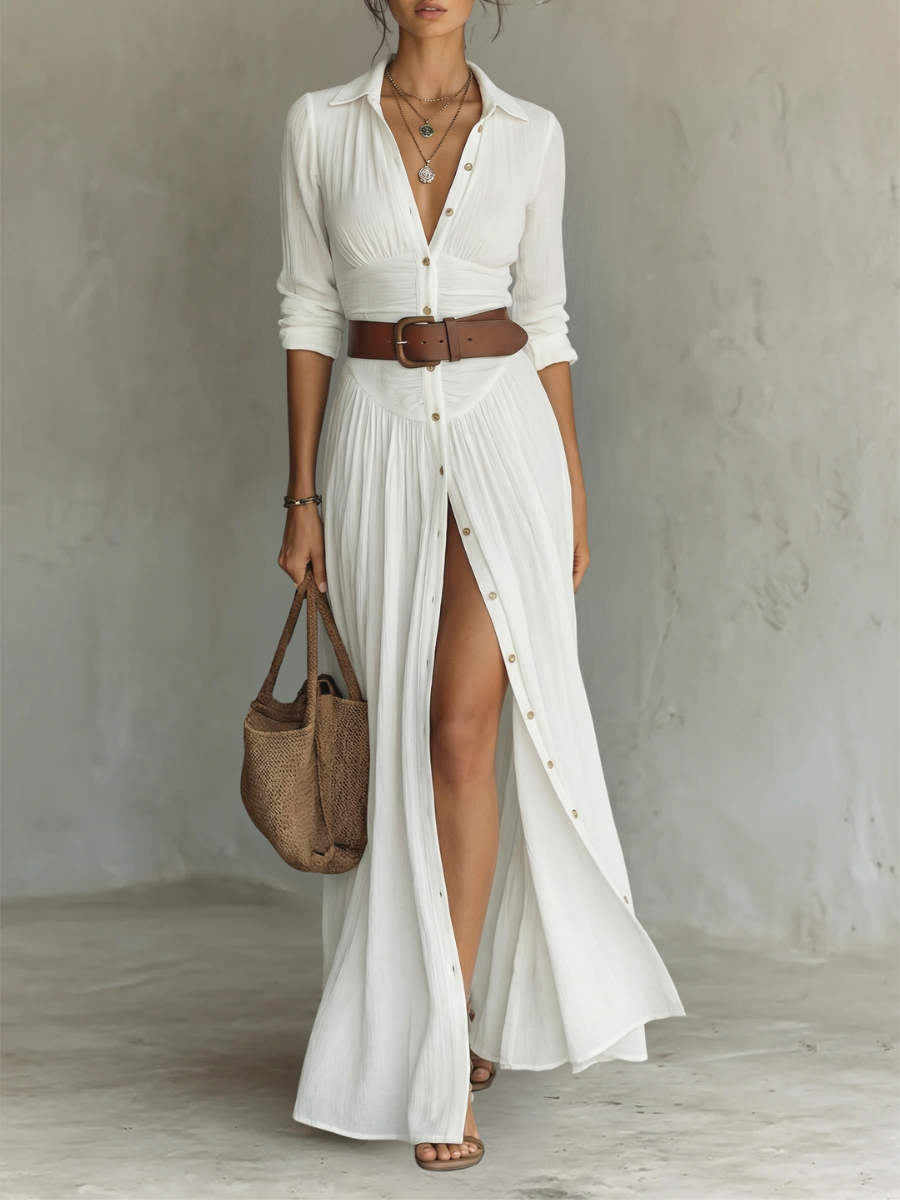 Alma | Robe maxi fluide à col revers et manches longues