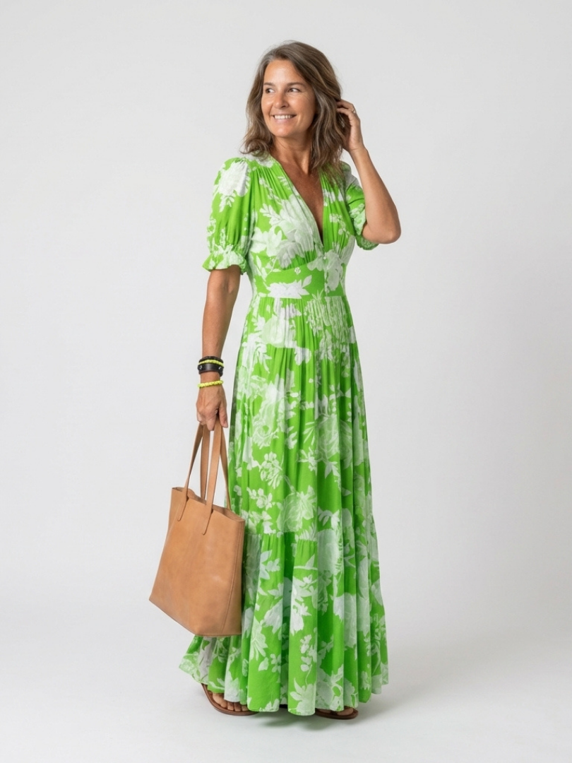 Ione | Rochie midi florală, fără mâneci, cu decolteu în V