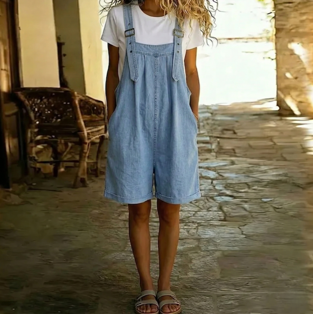 Clara | Salopette courte en denim bleu clair au style vintage délavé