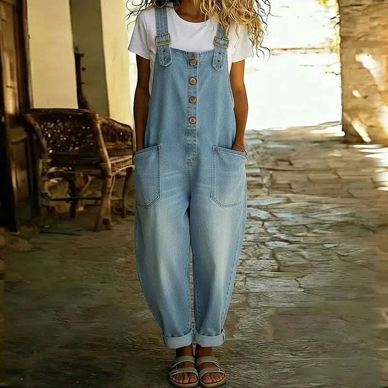 Mae | Douce Salopette en Denim Vintage avec Bretelles Ajustables