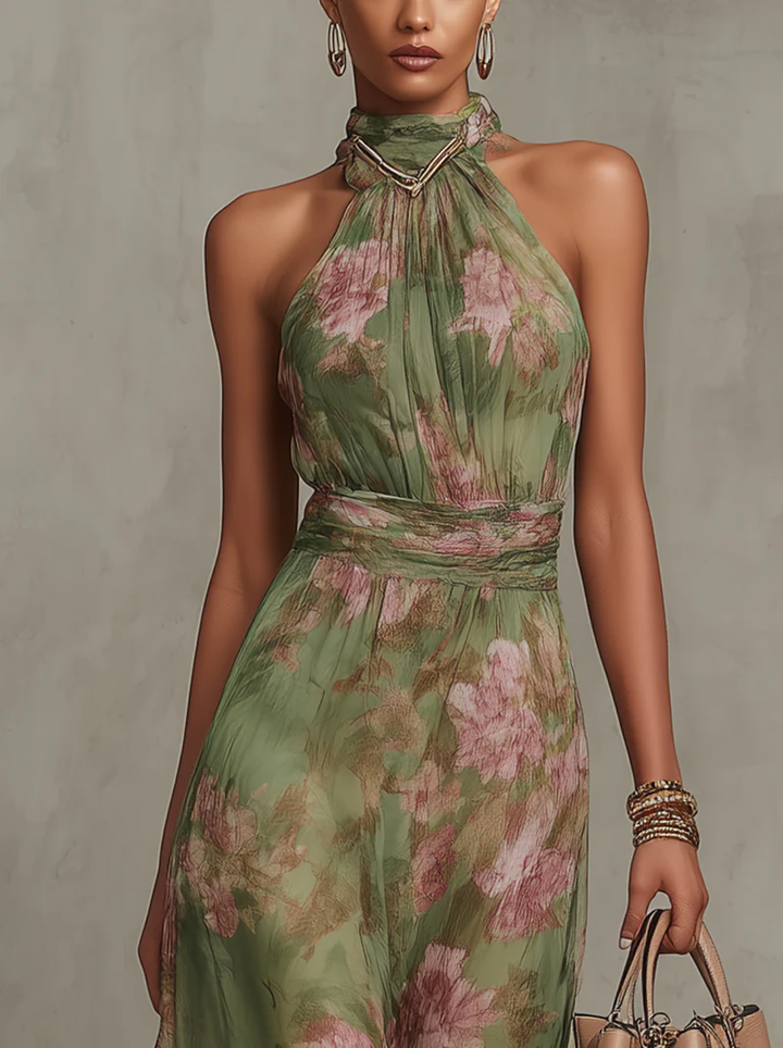 Livia™ | Élégante Robe Maxi Halter à Motif Floral