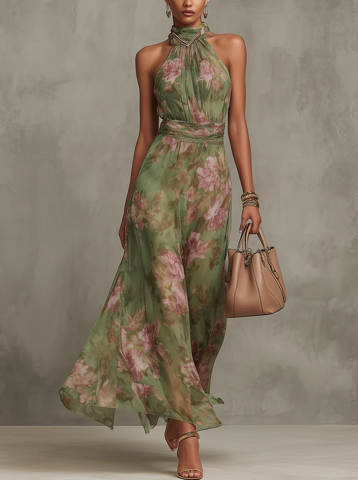 Livia™ | Élégante Robe Maxi Halter à Motif Floral
