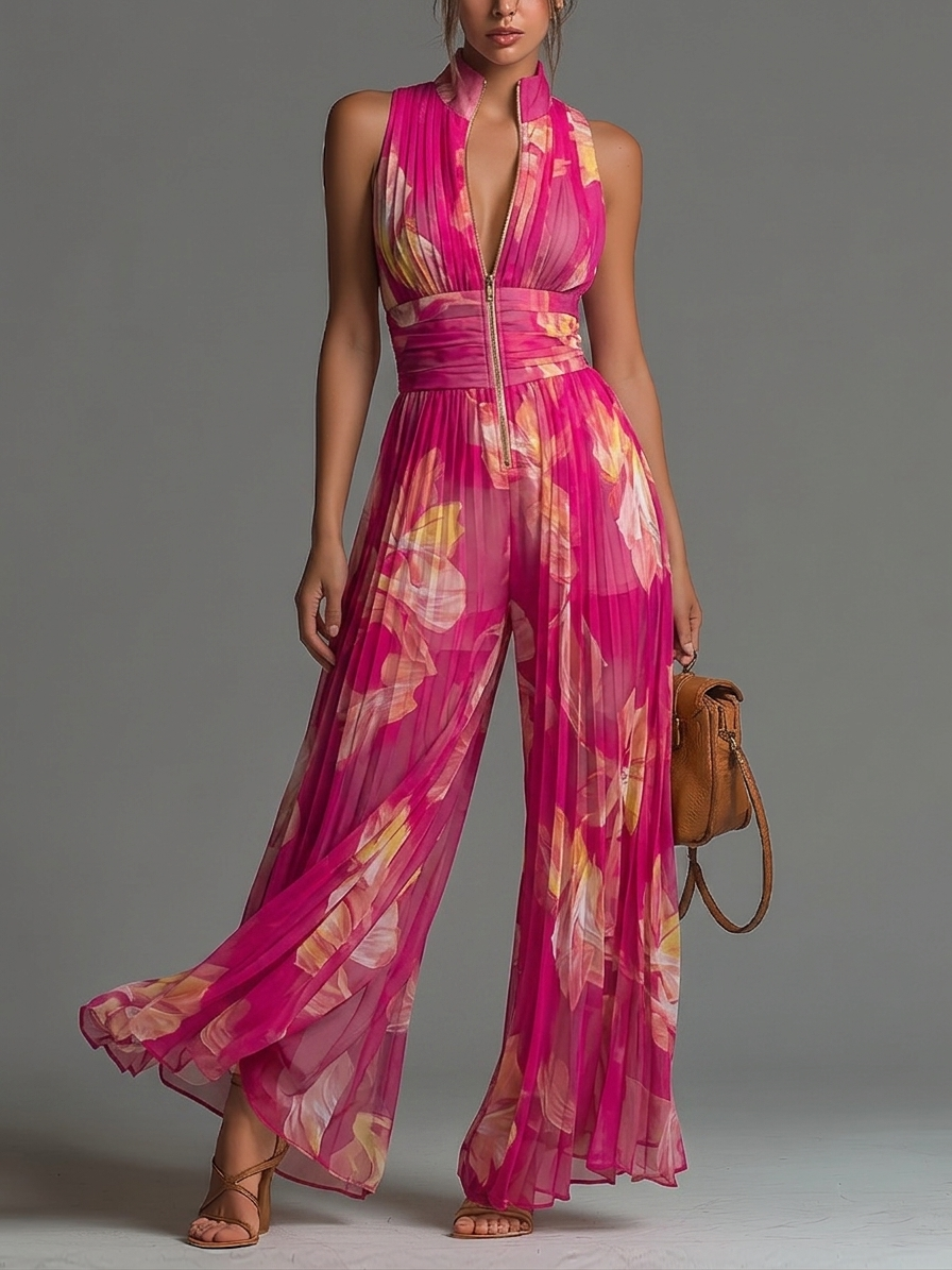 Nicole | Robe en chiffon plissé à imprimé floral fuchsia