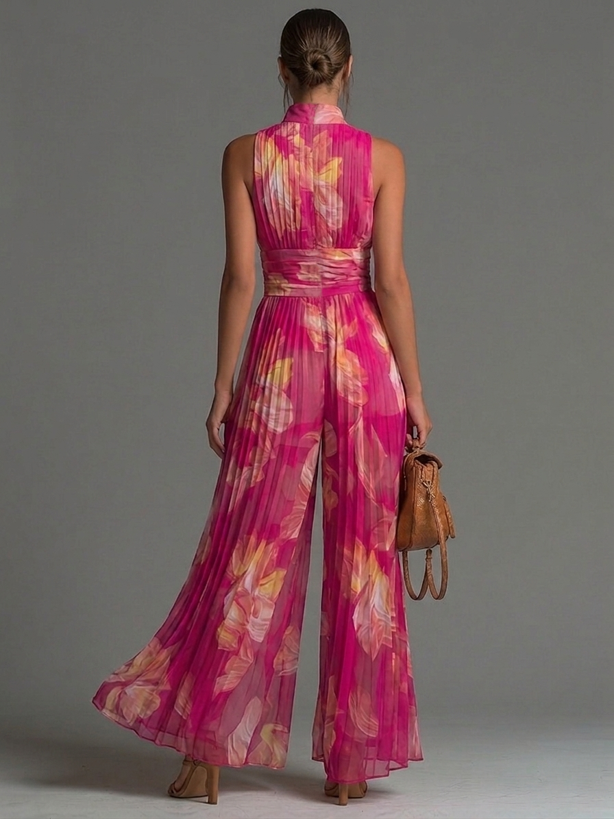 Nicole | Robe en chiffon plissé à imprimé floral fuchsia