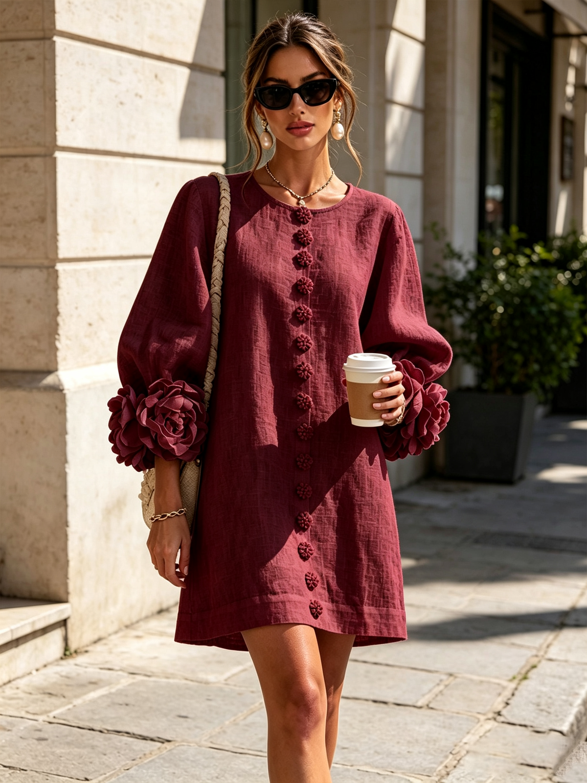 Cristina | Rochie mini albă cu flori și manșete decorate
