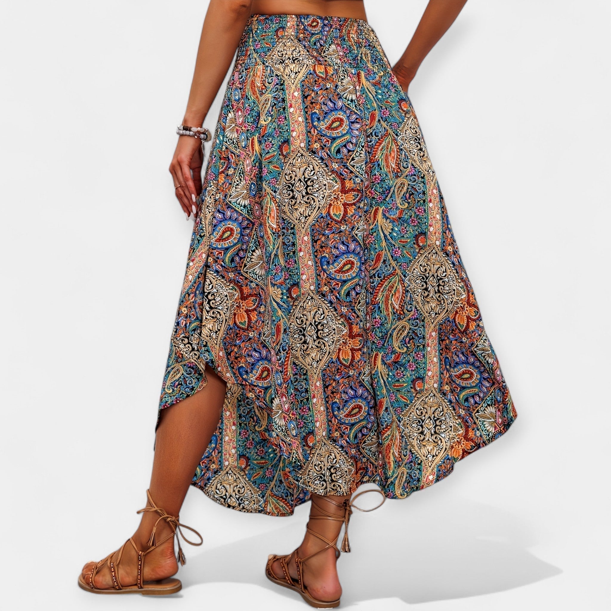 Fustă Midi cu Flori și Talie Înaltă
