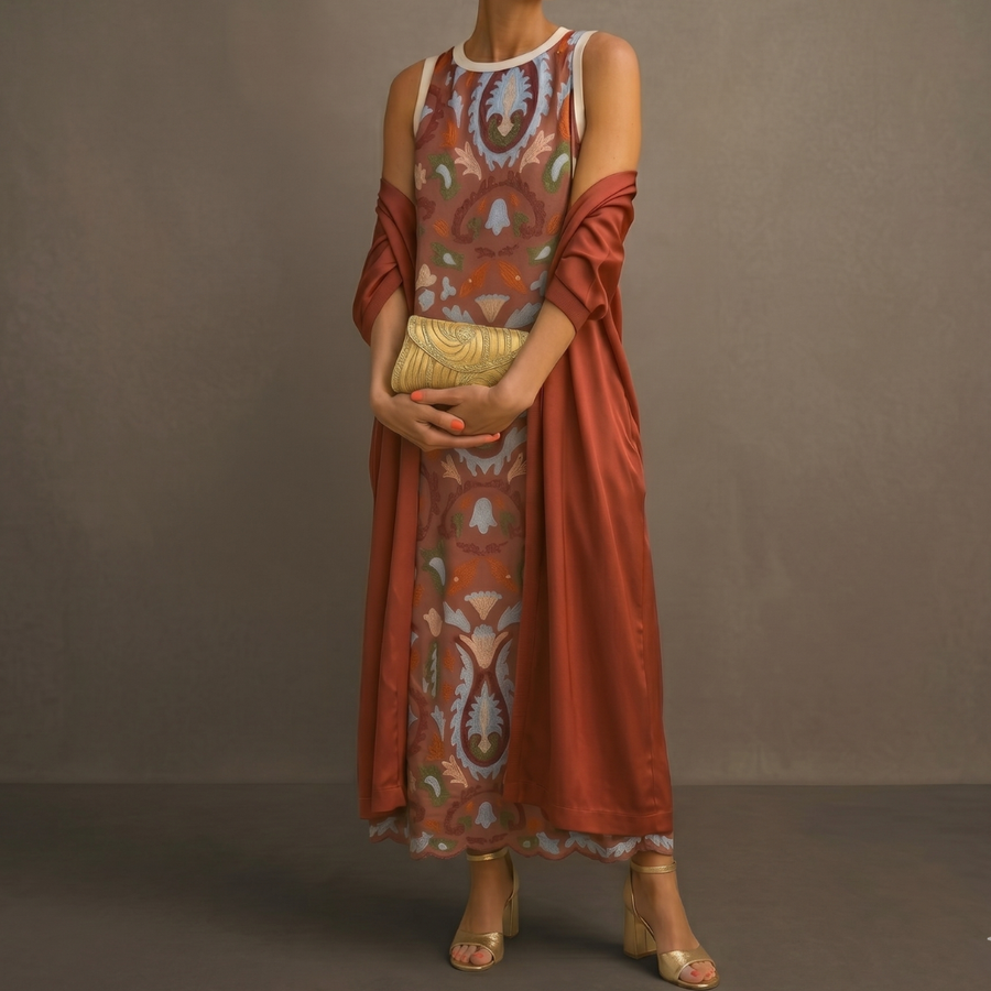 Victoria | Rochie Maxi Tipărită cu Strat Asortat
