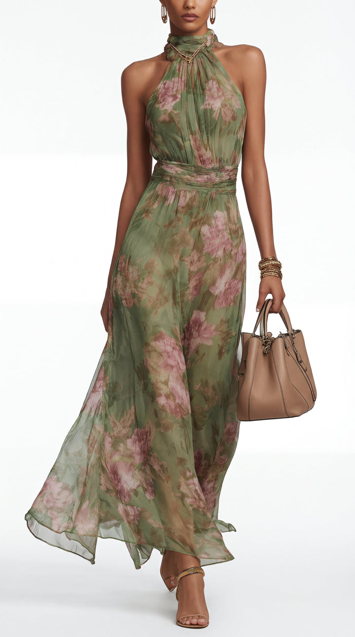 Livia™ | Élégante Robe Maxi Halter à Motif Floral
