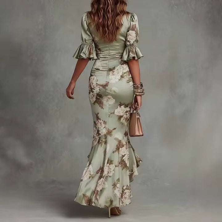 Lucía | Robe satinée asymétrique longue à motif floral