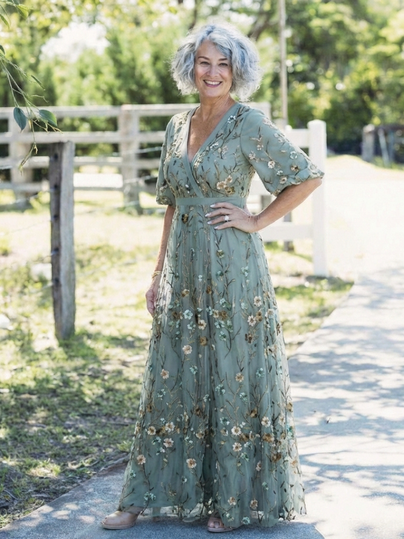 Evadne | Rochie maxi florală cu decolteu în V și mâneci scurte