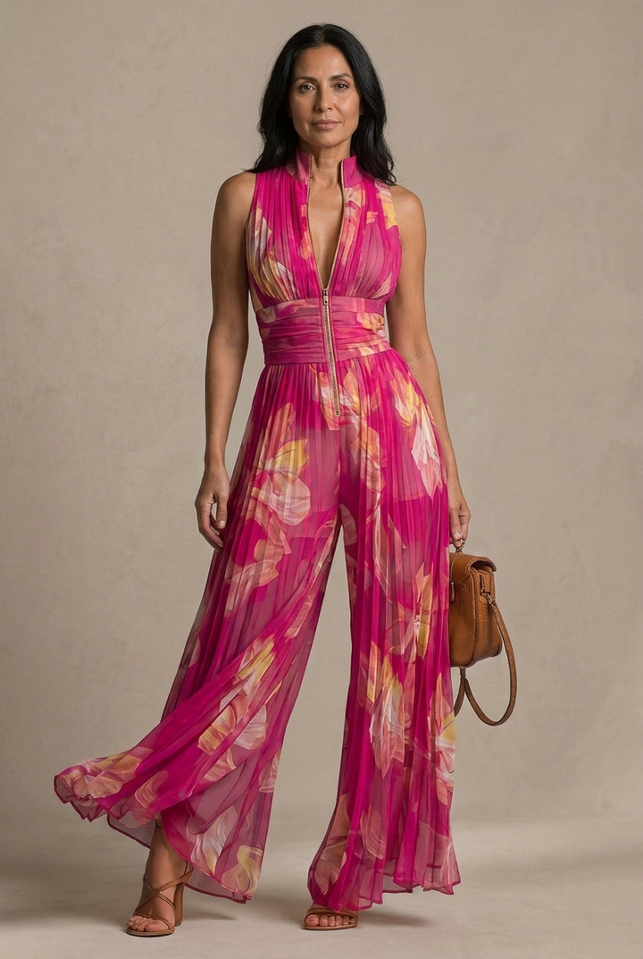 Nicole | Robe en chiffon plissé à imprimé floral fuchsia