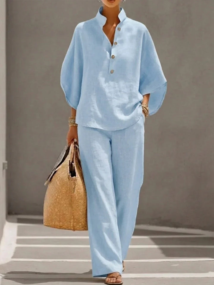 Maribel | Ensemble en lin avec manches chauve-souris et pantalon large