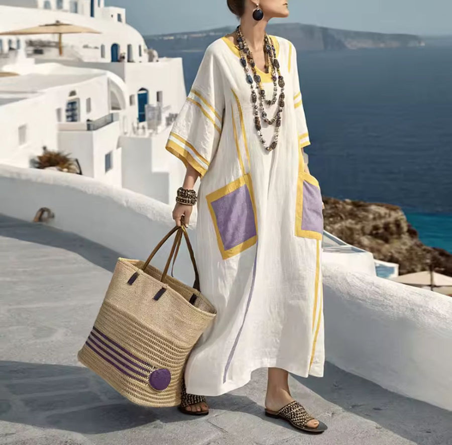 Rochie Caftan 'Mila' | Buzunare Lavandă cu Accente Solare