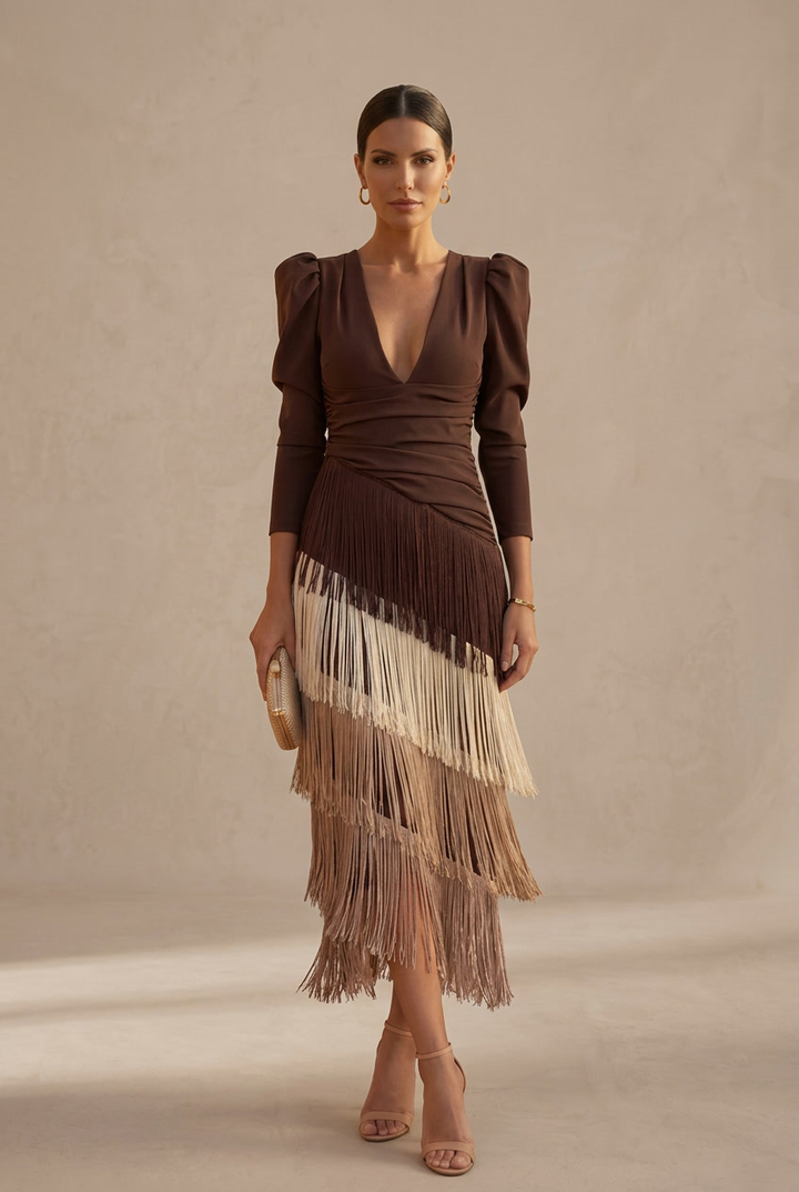 Frida | Robe midi à franges en vert sauge