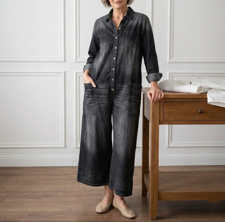 Diana | Salopette en denim vintage en coton lavé avec boutons