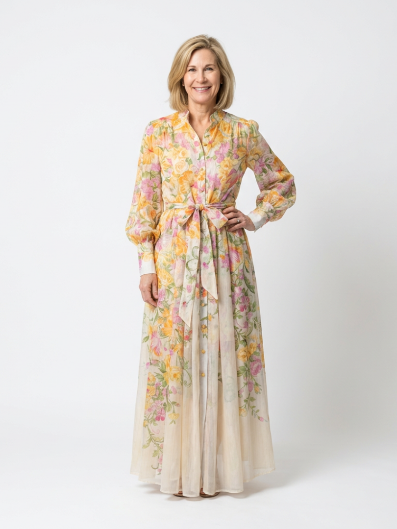 Cressida | Rochie maxi florală transparentă cu mâneci lungi